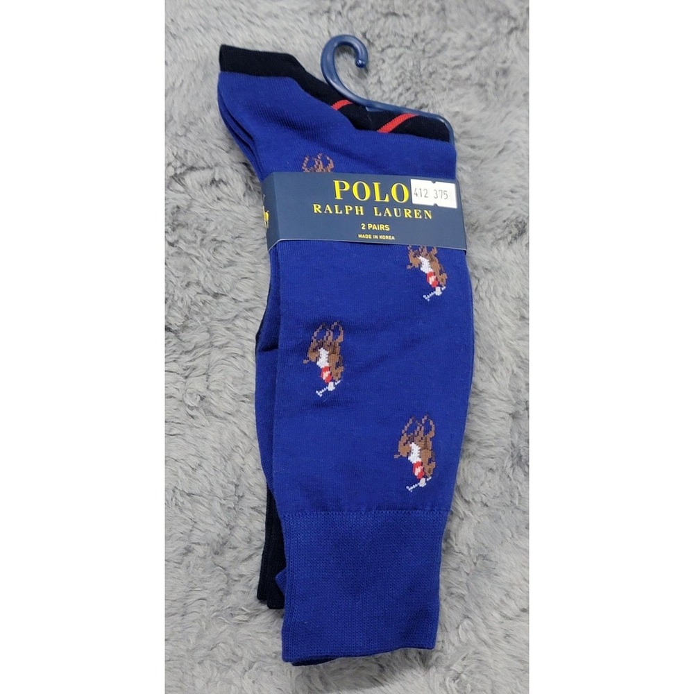 Polo Ralph Lauren Socks Mens 10-13 Blue Stripe Polo Pony Rider Crew 2 Pack